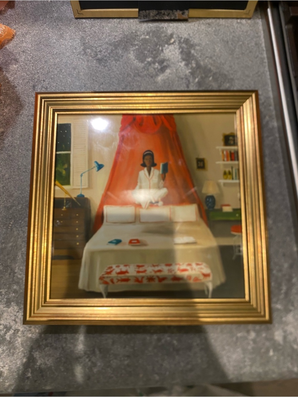 Janet Hill - Framed Vintage Painting of Woman Reading with Red Canopy - 10x10 - Picture 2 of 3